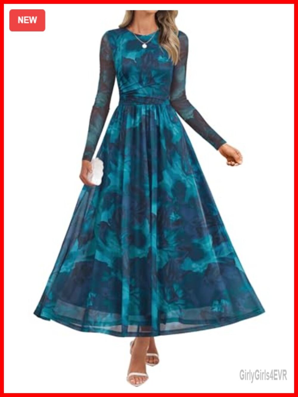 Long Sleeve Mesh Maxi Dress Ruched Waist A-Line Wedding Guest